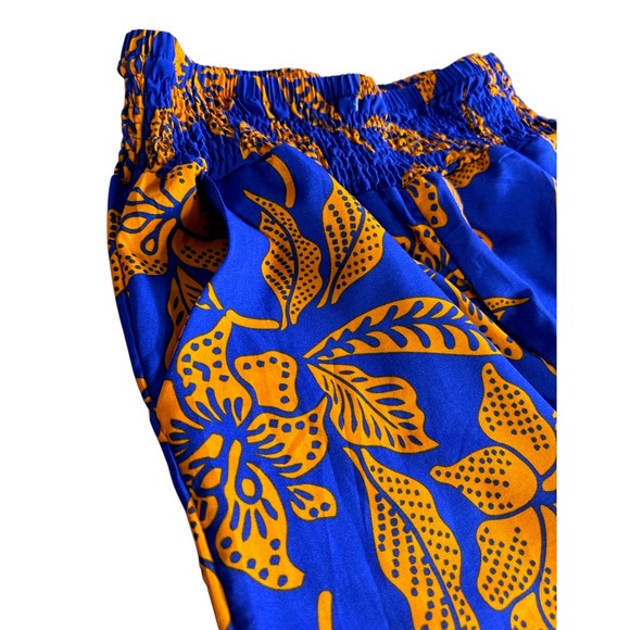 New Blue Orange Tropical Floral Smocked Crop Top Wide Leg Pants Set FY-3276 L/XL - Picture 7 of 14